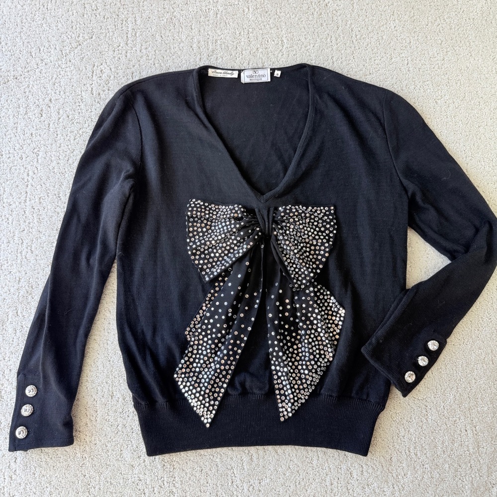 Vintage 80s Valentino Boutique Sweater Womens S Black Rhinestone Bow Knit Italy